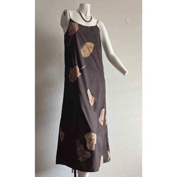 Japanese Noh Faces Brown Midi Slip Dress Fall Japanese Art Wear Lagenlook Medium - Picture 4 of 16